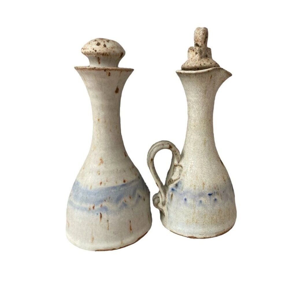 Handmade Stoneware Oil & Vinegar Cruet Set Rustic Pottery Ceramic Kitchen Decor